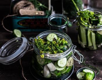 Cucumbers and dill are packed into two jars in preparation for pickling.