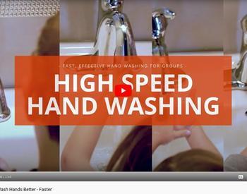 Screen shot of title of the video with hands washing in sinks in the background