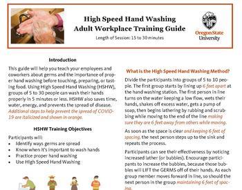 Page 1 of the High Speed Hand Washing Adult Workplace Training Guide.