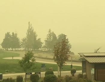 Wildfire smoke shrouds the Columbia River at the Hood River Waterfront Park in September 2020.