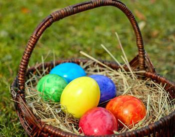 Colorful Easter eggs in a basket.