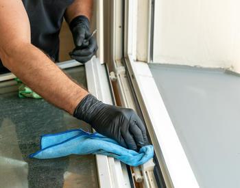 A gloved person cleaning a window frame with a rag.