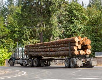 A log truck on a road in Gaston, Oregon.