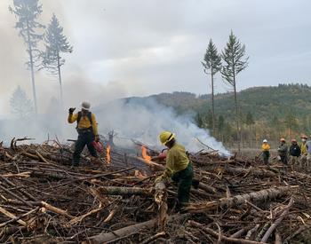 Extension faculty in hard hat work on prescribed fire of log pile