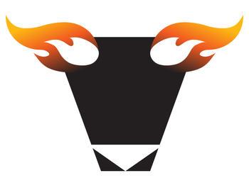 Logo for with graphical cow head with flaming horns.