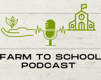Farm to school podcast with hand growing a seedling, microphone and a school building