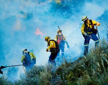 firefighters combat smoky wildfire on slope