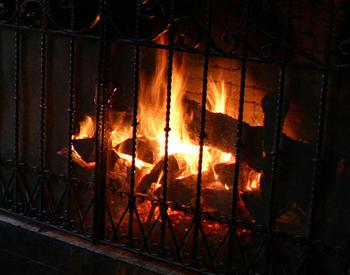 Wood burns in a fireplace