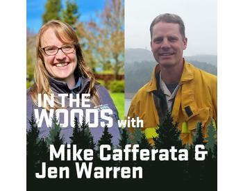 Photograph of Jen Warren facing the camera and smiling. White woman with shoulder length hair and glasses, wearing a weatherproof jacket on a clear day. Right, Mike Cafferata facing the camera and smiling. White man with short blond hair, wearing a weatherproof jacket on a cloudy day.